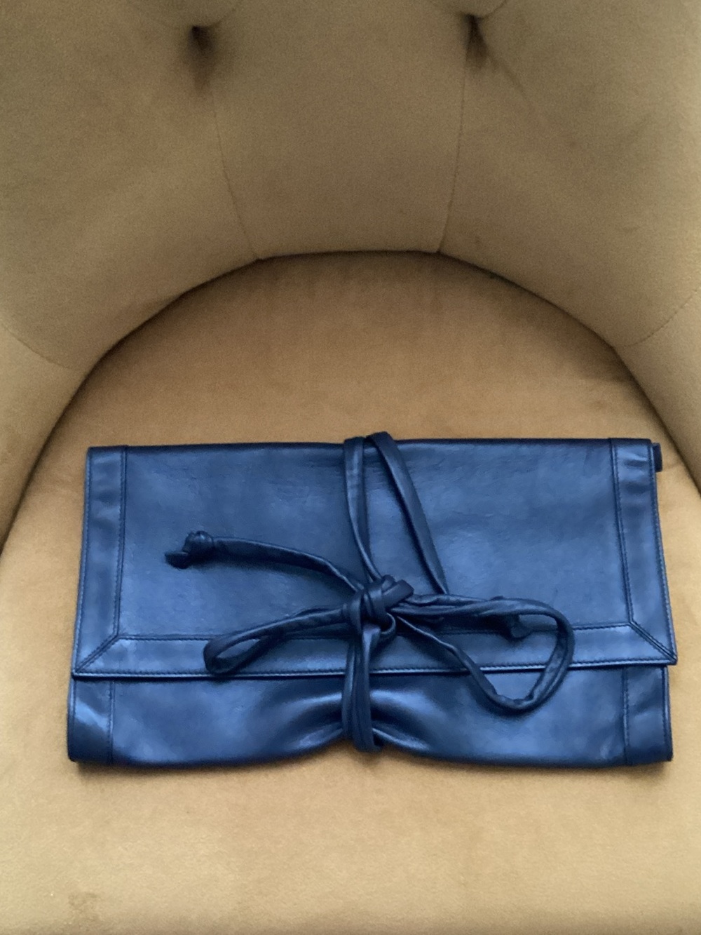 Barneys New York Navy Leather Wrap Clutch with Tie